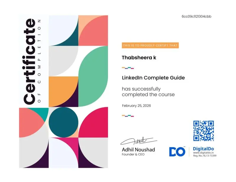 Digital Marketing Strategist in Kannur LinkedIn Complete Guide certification earned by thabsheera k