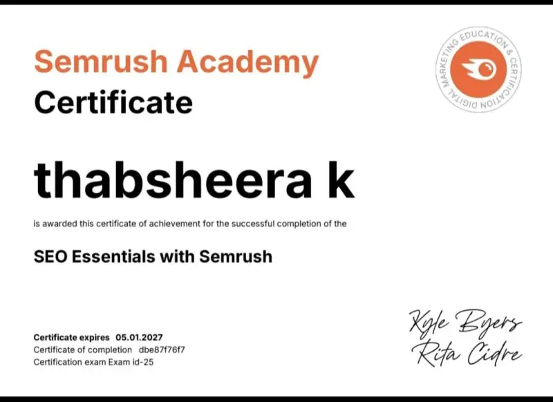 Digital Marketing Strategist in Kannur Semrush SEO Essentials certification earned by thabsheera k